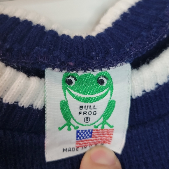 Vintage Retro 80s 90s Bull Frog Navy Blue Green White Snowflake Abstract Sweater - Picture 6 of 8
